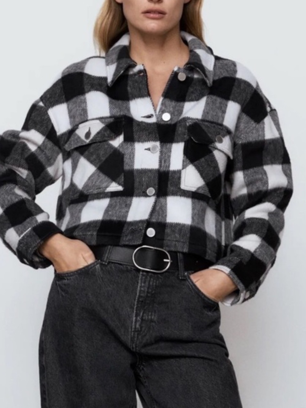 Zara Black & White Plaid Shacket Jacket